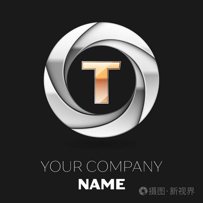 逼真的金色字母 t 标志符号在银色五颜六色的圆圈形状在黑色背景.