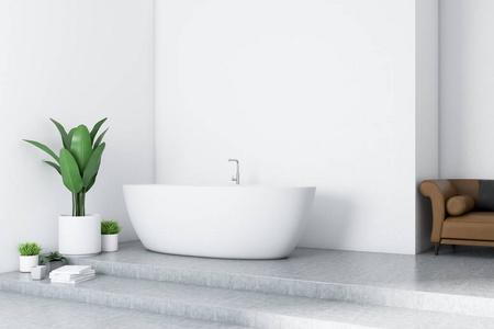 现代浴室内部有白色墙壁混凝土地板白色浴缸和棕色沙发。 3D渲染