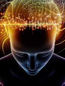 心理波动系列。 人脑和与意识智力和人工智能有隐喻关系的技术符号的三维插图组成