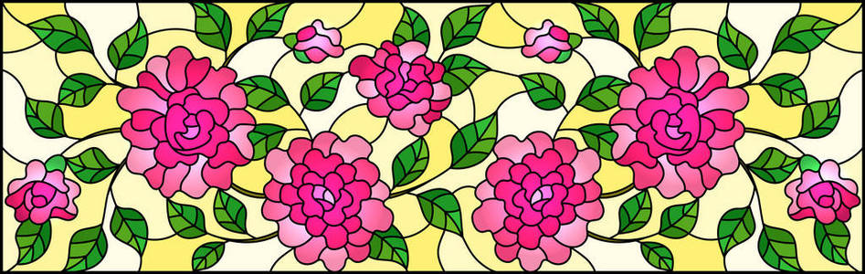 彩色玻璃风格的插图，粉红色玫瑰枝在黄色背景矩形图像上