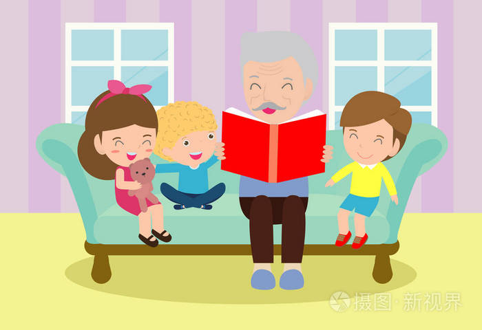 祖父读童话给他的孙子读和讲童话故事,孩子们听他们的