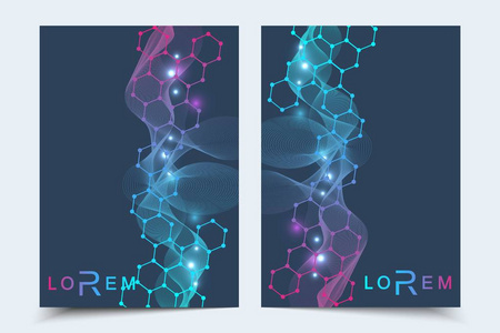 科学的宣传册设计模板。矢量海报布局 分子结构与连接的线和点。科学模式原子 Dna 与杂志 传单 封面 海报设计元素