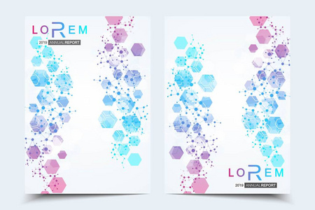 科学的宣传册设计模板。矢量海报布局 分子结构与连接的线和点。科学模式原子 Dna 与杂志 传单 封面 海报设计元素
