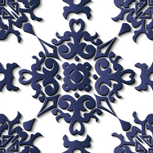 无缝浮雕装饰复古图案曲线蓝色螺旋交叉万花筒框架花冠。 理想的贺卡或背景模板设计