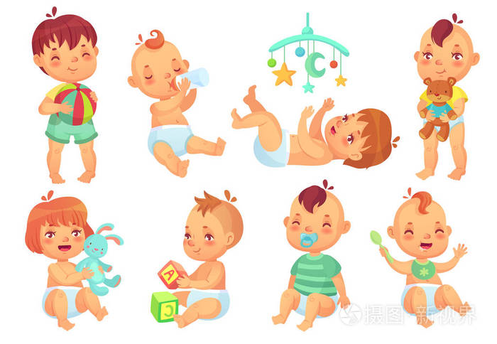 微笑的动画片婴儿快乐可爱的小孩子玩玩具小婴儿与安抚奶嘴和新生的
