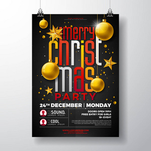 圣诞节派对传单例证与金星, 玻璃球和印刷字体在黑色背景。邀请或横幅的矢量庆典海报设计模板