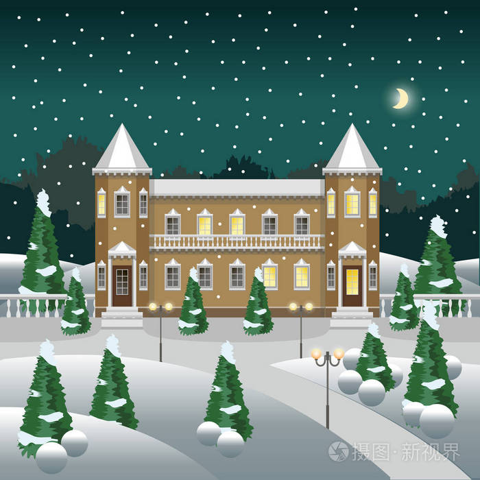 卡通童话城堡或丰富的庄园住宅在夜间冬季景观与雪和树木.