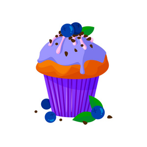 向量动画片样式甜蛋糕的例证。以奶油巧克力和蓝莓为装饰的美味甜点。在白色背景查出的松饼