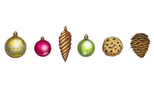 圣诞快乐和新年快乐矢量集。 锥形姜饼饼和多色玻璃球隔离在白色背景上。 冬季冬青节收集