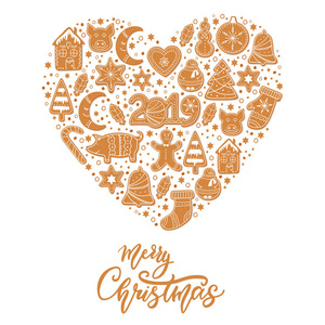 一套圣诞姜饼饼干数字雪人猪和袜子姜饼男子星饰釉孤立的心脏形状。 字母圣诞快乐。 矢量插图