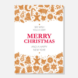 一套圣诞姜饼饼干数字雪人猪和袜子姜饼男子星星装饰釉隔离。 字母圣诞快乐。 矢量插图