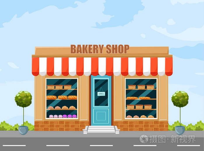 面包店立面向量建筑详细卡通风格的插图