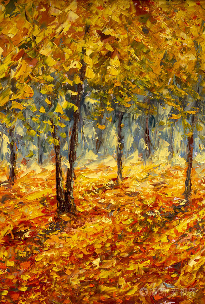 油画风景-五彩缤纷的秋树.半抽象的森林图像,黄,红叶的白杨树.