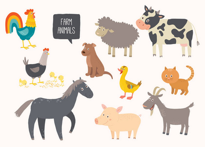 一套可爱的农场动物。马, 牛, 绵羊, 猪, 鸭子, 母鸡, 山羊, 狗, 猫, 公鸡。卡通矢量手绘 eps 10 儿童插图在白
