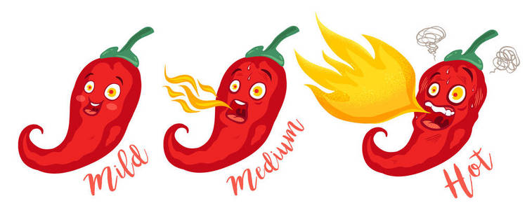矢量ST插图辣辣椒与火焰。 卡通红辣椒用于墨西哥或泰国食品。 卡通不同的红色辣椒。