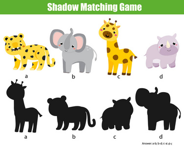影子匹配游戏。 与非洲动物为儿童幼儿和儿童开展活动