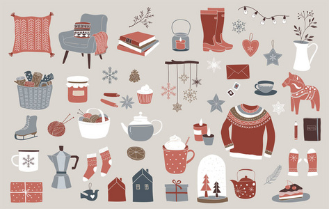 北欧, 斯堪的纳维亚冬季元素和呵呵概念设计, 圣诞快乐卡, 横幅, 背景