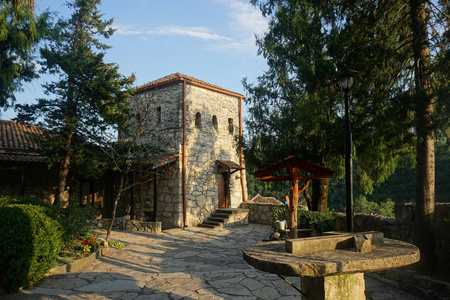 Motsameta修道院庭院，主要景观有树木和蓝天