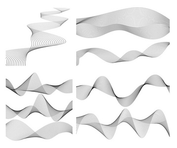 设计元素。 许多灰色线条的波浪。 白色背景上的抽象波浪条纹隔离。 创意线条艺术。 矢量插图EPS10彩色闪亮的波浪与线条创建使用