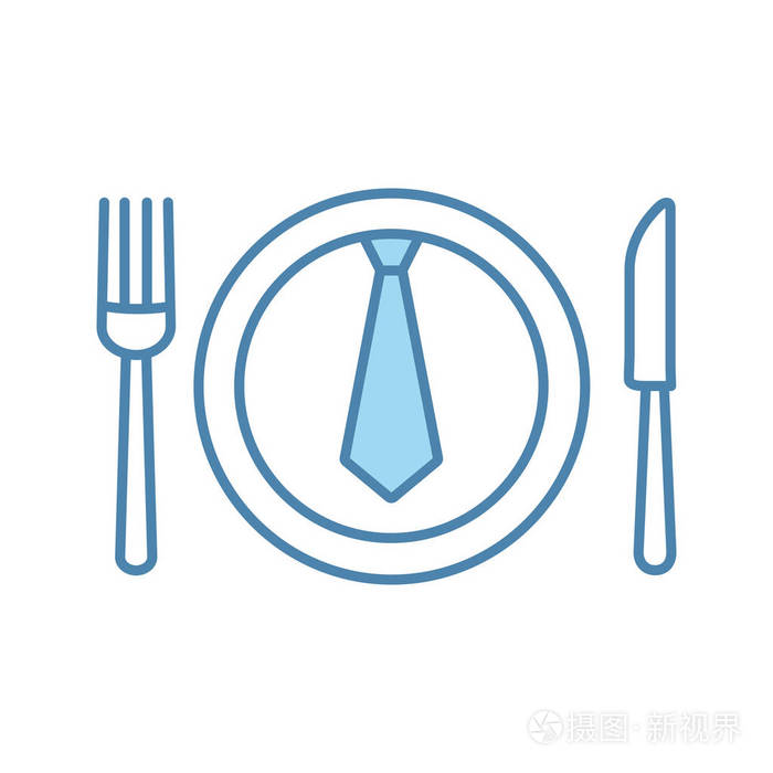 商务午餐晚餐颜色图标吃饭时讨论生意桌子刀叉和盘子里面有领带孤立