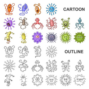 类型的有趣的微生物卡通图标集集合中的设计。微生物病原体载体标志物网插图