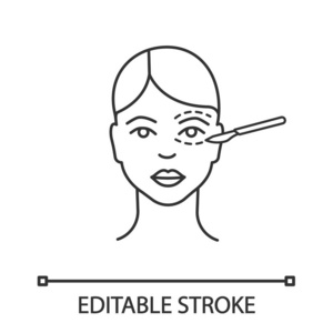 眼睑成形术线性图标。 眼睑整形手术。 细线插图。 抬眼手术。 外科面部年轻化。 轮廓符号。 矢量孤立轮廓绘制。 可编辑行程