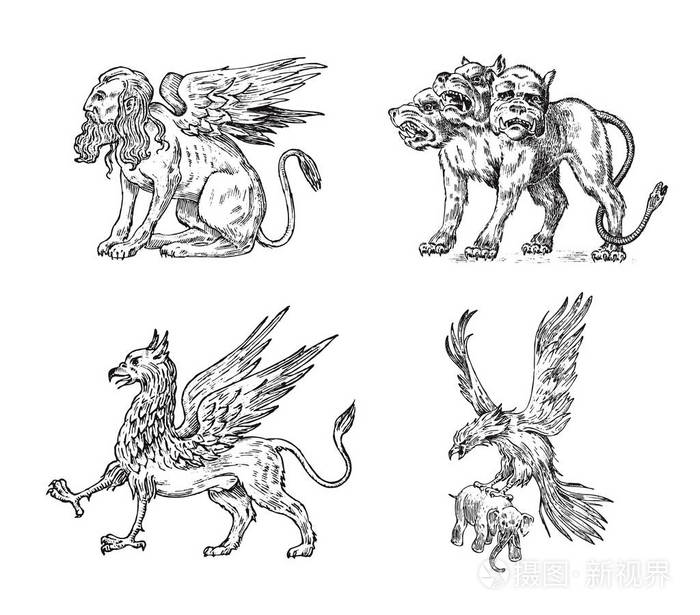 地狱犬狮身人面像狮鹫神话怪鸟.希腊生物.雕刻手画古董旧复古素描