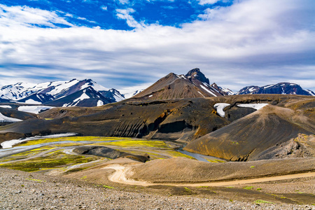 冰岛Fjallabak自然保护区中心的火山景观，五颜六色的山和融化的雪流。