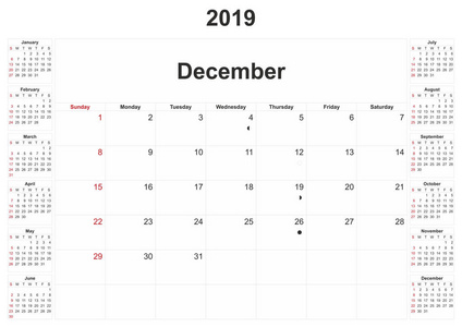 2019年白色背景的月历。