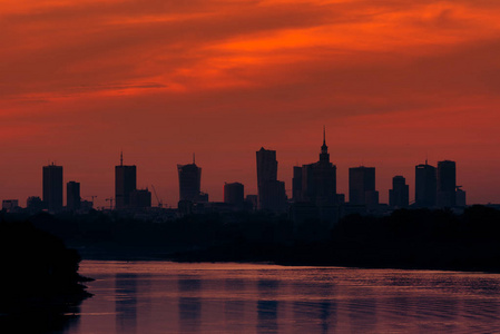 日落在华沙城市的建筑物由波兰的维斯图拉河。