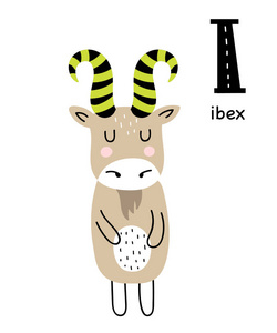 矢量海报与字母表字母与卡通Ibex为儿童在斯堪的纳维亚风格。 手绘图形动物园字体。 完美的卡片标签小册子传单页横幅设计。 abc