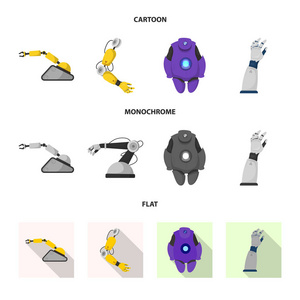 机器人和工厂图标的孤立对象。 一组机器人和空间矢量图标的股票。