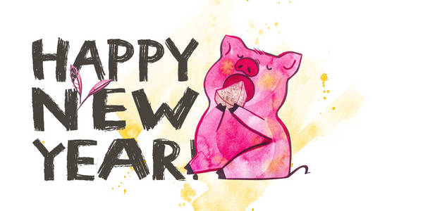 可爱的猪与创意2019新年刻字。中国日历中的年份符号。明信片水平格式水彩插图