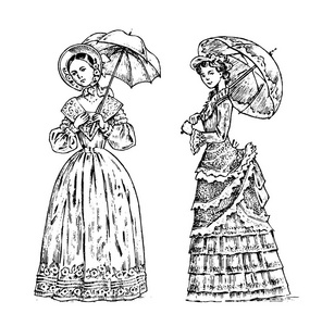 古董女士们有雨伞的女人。维多利亚时代。古老的复古服装。穿球蕾丝连衣裙的妇女。复古雕刻风格。手绘旧单色素描。向量例证
