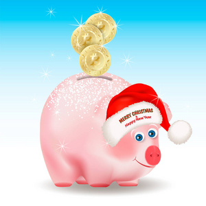 比特币金币掉进钱猪银行。 圣诞快乐，新年快乐，祝贺圣诞老人戴红帽子。 蓝色背景的概念逼真矢量插图