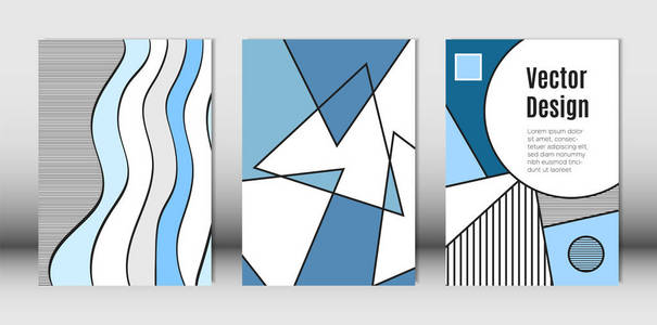 模板设置与包豪斯和几何元素的蓝色, 白色和黑色的颜色。用波浪条纹三角形和抽象矢量形状设置的标语牌。小册子海报杂志版式封面