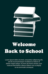 回到学校的矢量设计模板。欢迎回到学校海报与学校用品绘图图标。书籍的象征。深青色颜色