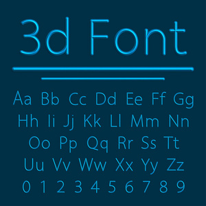 体积字体，蓝色3D线字母与阴影。矢量插图。浮雕管Alphabet。