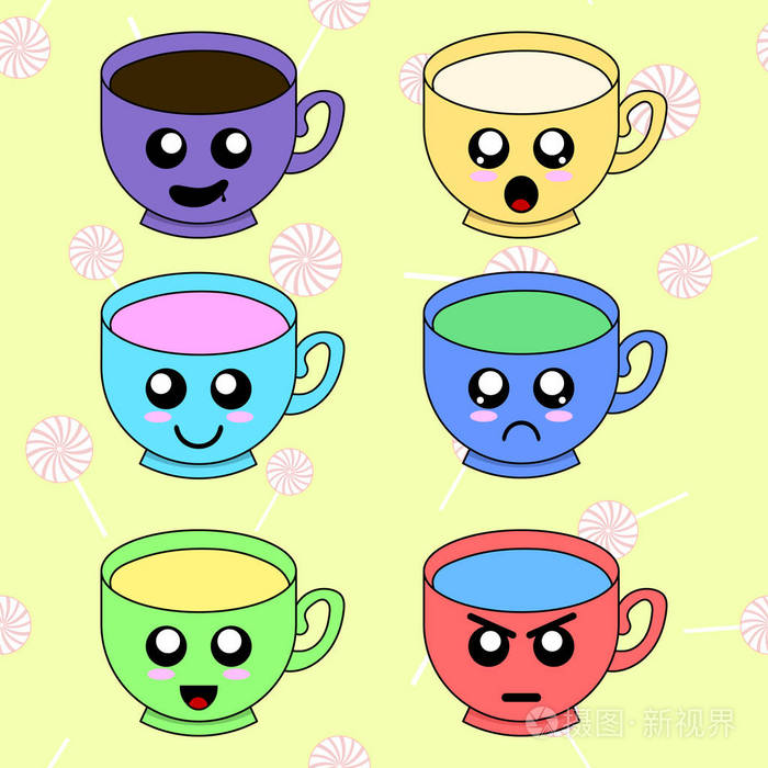 杯子上有糖果图案. 彩色卡瓦伊涂鸦杯人物在平面设计与可爱的卡通脸.