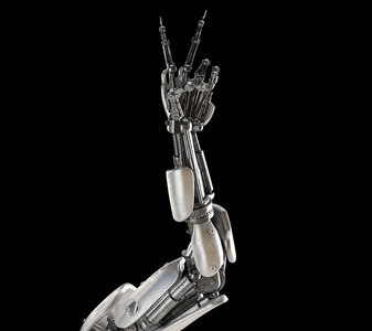 机器人手与胜利标志。安卓人形或机器人人工智能技术概念。未来主义科幻元素。3d 插图