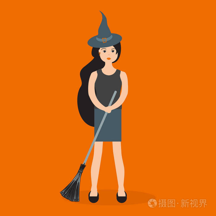 万圣节2019矢量插图与现代女巫手持扫帚. 派对卡包装织物印花设计.