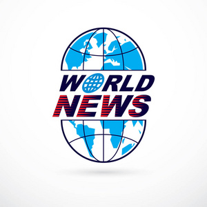 世界和全球新闻概念矢量标志蓝色地球划分经络，组成世界新闻铭文。