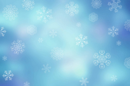 圣诞节抽象模糊冬季降雪，蓝色，紫色，水平，背景与独特的雪花。 模糊的美丽闪亮的灯光。 圣诞节和新年假期背景。 文本空间。