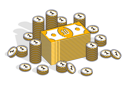 现金钱银币堆和硬币堆孤立在白色背景上。 矢量三维等距业务和金融插图细线设计。