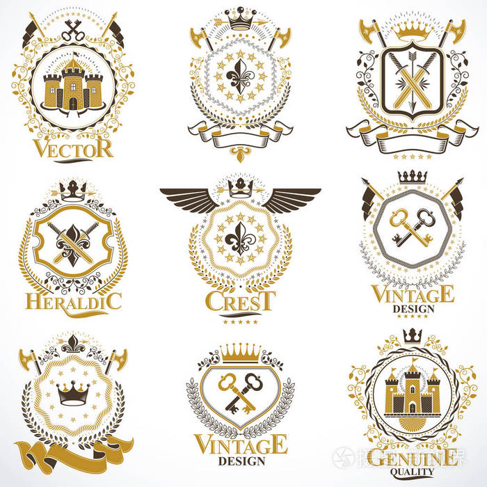 纹章矢量标志装饰复古元素,君主加冕宗教十字架军械库