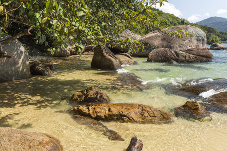 美丽的热带海滩景观，绿色的水，郁郁葱葱的森林岩石和蓝天，在里约热内卢南部，巴西