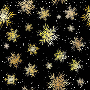 圣诞节和新年背景。金色无缝的雪花图案在黑色背景上。向量