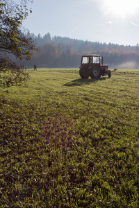 德国南部城市慕尼黑和斯图加特附近的一个阳光明媚的日子里，老农在秋天耙草