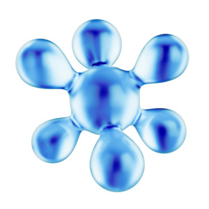 白色背景上分离的蓝色透明分子。折射玻璃分子结构..3D图案
