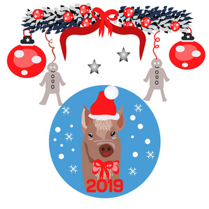 圣诞海报与图片猪肖像在圣诞老人的帽子和红色弓。向量例证